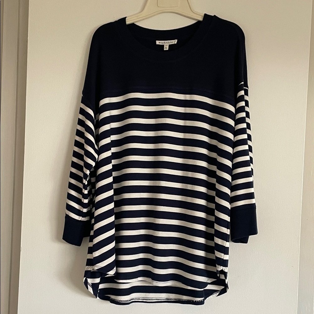Workshop Republic Clothing Navy and White Striped Tee With 3/4” Length Sleeves